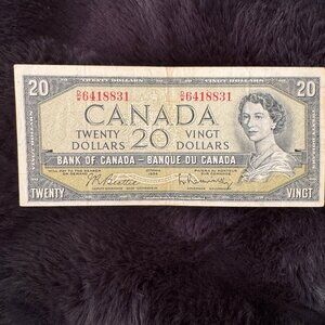 1954 Canada $20 Banknote – Queen Elizabeth II – Vintage Canadian Currency